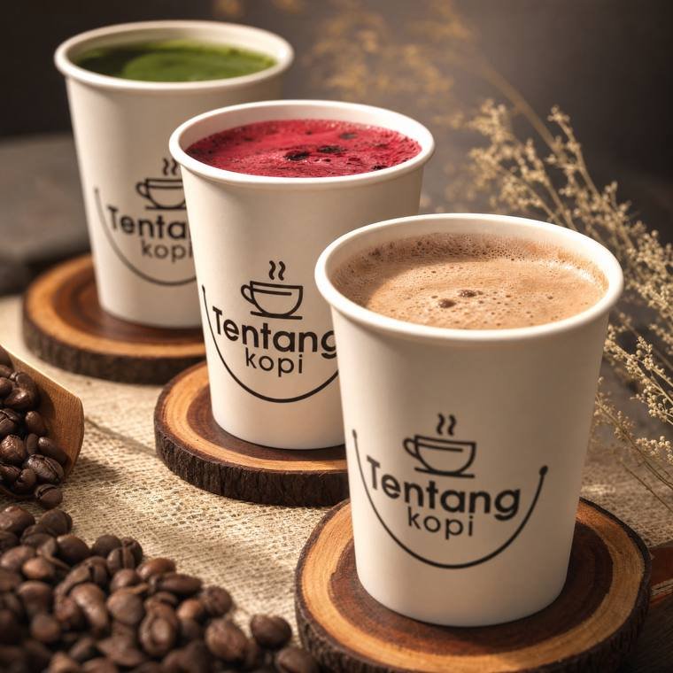 Tiga cup Tentang Kopi: matcha, red velvet, dan kopi susu